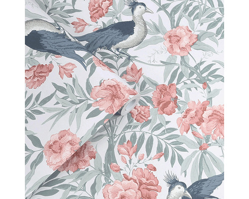 Behang met bloemen- en vogelmotieven