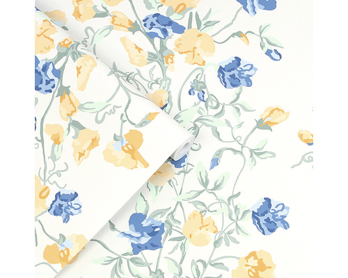 Behang met bloemmotief van gele en blauwe bloemen