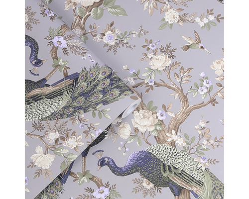 Behang met pauwen- en bloemenmotief