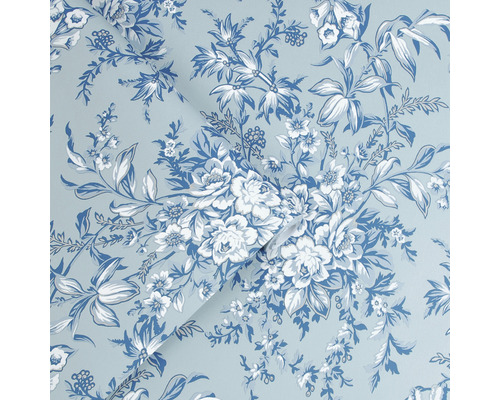 Behang met bloemmotief in blauw en wit