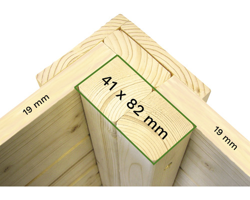 Detailopname van een houten hoek met afmetingen 19 mm en 41 x 82 mm