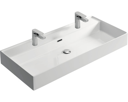 Rechthoekige dubbele wastafel van keramiek met twee kranen