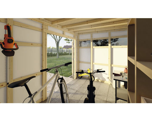 Houten tuinhuis met tuingereedschap, fietsen en rekken