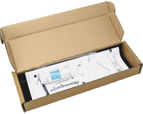 Geopende kartonnen doos met reinigingsdoekje en montage-instructies