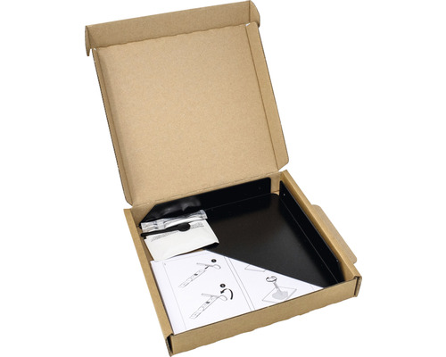 Open verpakking met zwarte plank, montagemateriaal en instructies.