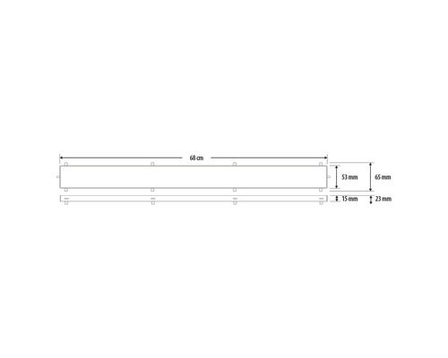 Technische tekening van een plank van 68 centimeter lang, 65 millimeter breed en 53 millimeter hoog.