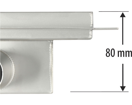 Detail van een douchegoot met maataanduiding 80 millimeter.