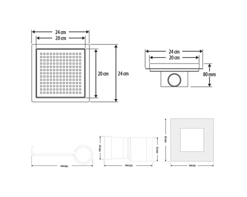 Technische tekening van een douchekop met maatvoering