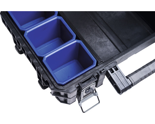 Gereedschapskist met blauwe inzetstukken en sluiting