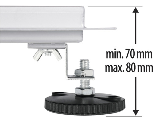 Detailopname van een in hoogte verstelbare meubelpoot met een minimale hoogte van 70 millimeter en een maximale hoogte van 80 millimeter