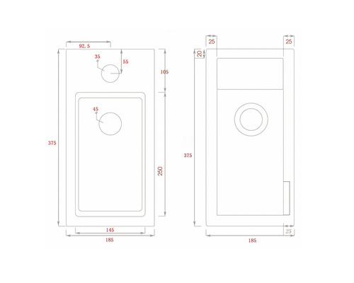 Technische tekening van een wastafel met afmetingen