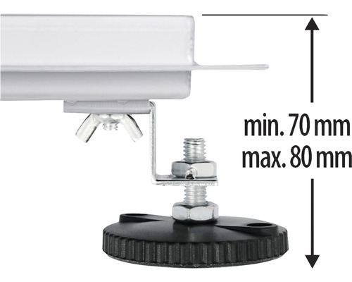 Detailopname van een verstelbare voet met een minimale hoogte van 70 millimeter en een maximale hoogte van 80 millimeter