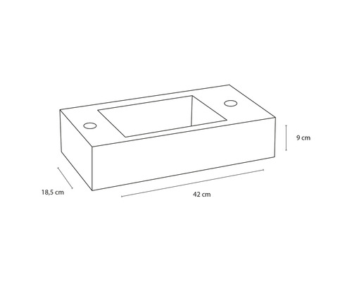 Tekening van een wastafel met de afmetingen 42 cm lengte, 18,5 cm breedte en 9 cm hoogte