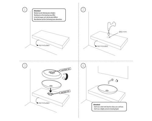 Montage-instructies voor een wastafel met informatie over benodigde accessoires en reiniging