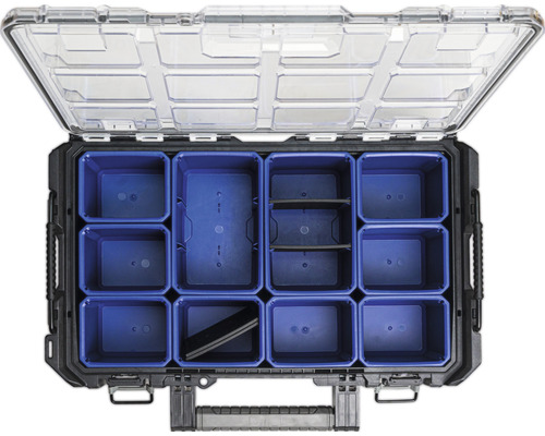 Open gereedschapskist met transparant deksel en blauwe vakken