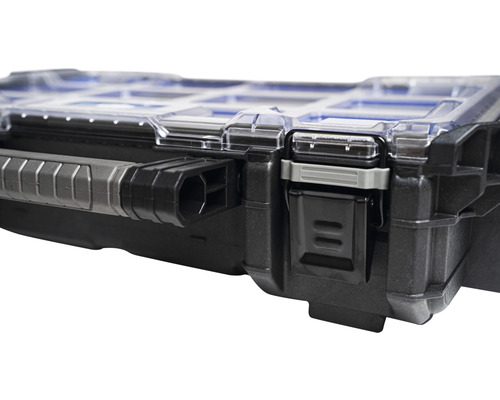 Detailopname van een zwarte gereedschapskoffer met transparant deksel en handgreep