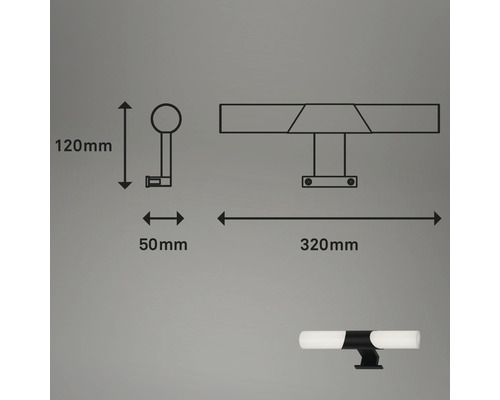 Technische tekening van een lamp met de afmetingen 120 mm, 50 mm en 320 mm