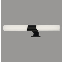Moderne wandlamp met een horizontale, cilindervormige lampenkap en een zwarte beugel.