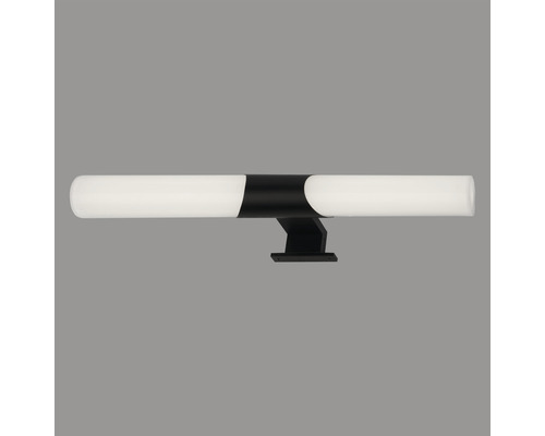 Moderne wandlamp met een horizontale, cilindervormige lampenkap en een zwarte beugel.