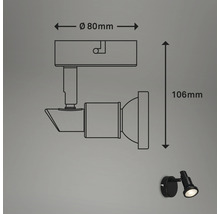 Technische tekening van een zwarte wandlamp met afmetingen van 80 millimeter diameter en 106 millimeter hoogte.