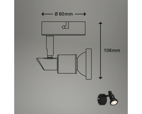 Technische tekening van een zwarte wandlamp met afmetingen van 80 millimeter diameter en 106 millimeter hoogte.