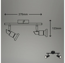 Technische tekening van een plafondlamp met twee spots en afmetingen.