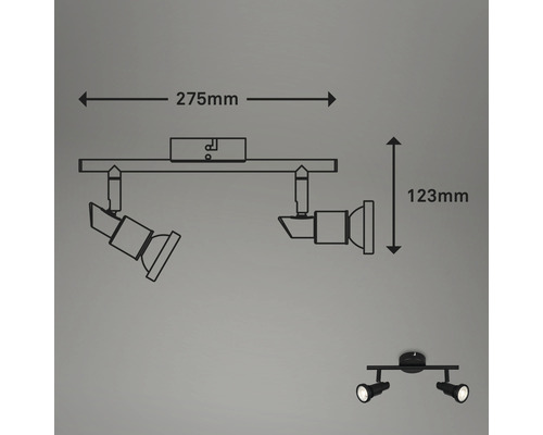 Technische tekening van een plafondlamp met twee spots en afmetingen.
