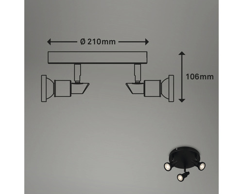 Technische tekening van een plafondlamp met twee spots en maataanduidingen