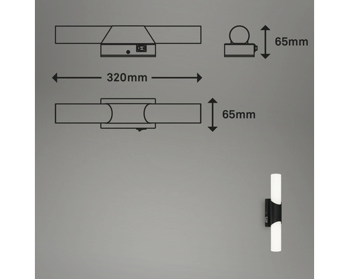 Technische tekening van een wandlamp met afmetingen.