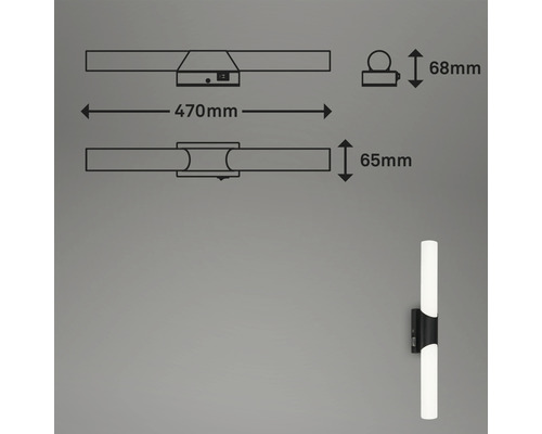 Technische tekening van een wandlamp met afmetingen 470 mm lengte, 68 mm hoogte en 65 mm breedte.
