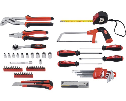 Gereedschapsset met tang, schroevendraaier, verstelbare moersleutel, metaalzaag, moersleutel, bits en meetlint