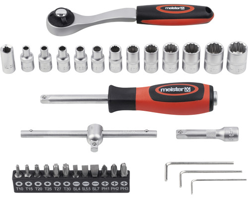 Doppenset met ratel, diverse doppen, schroevendraaier en bits