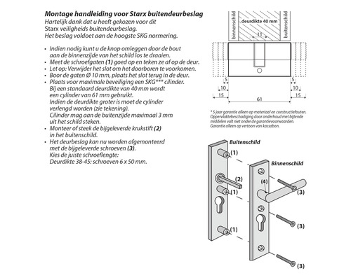 Montagehandleiding voor Starx buitendeurbeslag met schematische tekeningen en onderdelen
