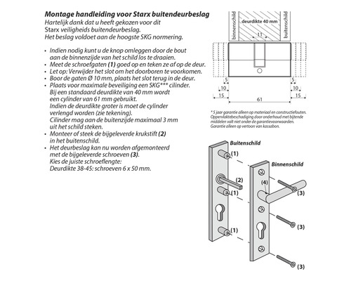 Montage-instructies voor deurbeslag met schematische weergave en afzonderlijke onderdelen