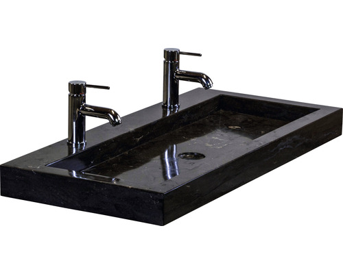 Zwarte stenen opzetwastafel met twee kranen