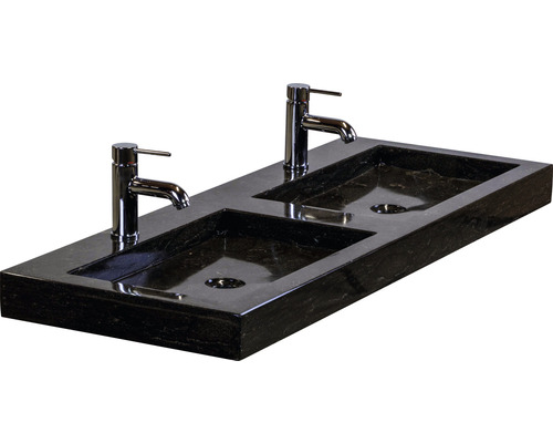 Wastafelblad met twee waskommen en twee kranen