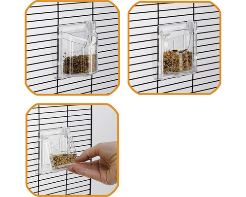 Meerdere weergaven van een transparante voerbak voor vogelkooien met voer