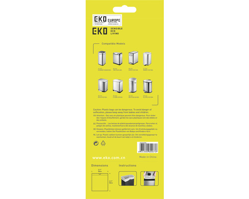 Verpakking van de vuilniszakken met informatie over compatibele modellen en waarschuwingen