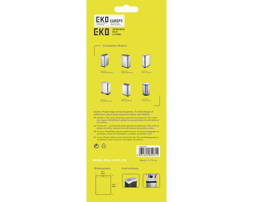 EKO Europe productverpakking met informatie over compatibele modellen, afmetingen en instructies