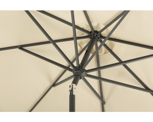 Detailaanzicht van de onderkant van een open parasol met metalen frame en lichte stof