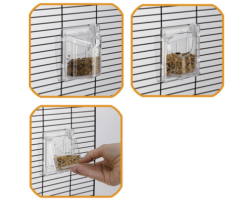 Drie aanzichten van een transparante voederbak voor vogelkooien, bevestigd aan tralies en gevuld met vogelvoer.