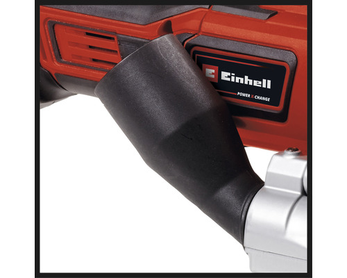 Detailopname van een Einhell werktuigmachine met stofafzuiging en Einhell logo.
