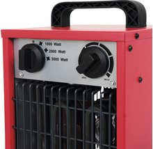 Gedetailleerde weergave van een rode elektrische kachel met schakelaars voor vermogensregeling.