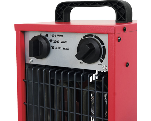 Gedetailleerde weergave van een rode elektrische kachel met schakelaars voor vermogensregeling.