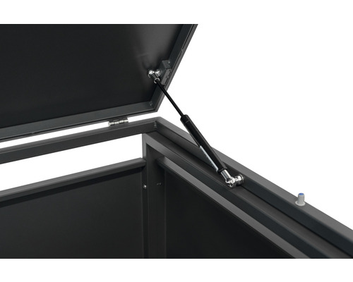 Detailweergave van een geopende opbergbox met dekselsteun