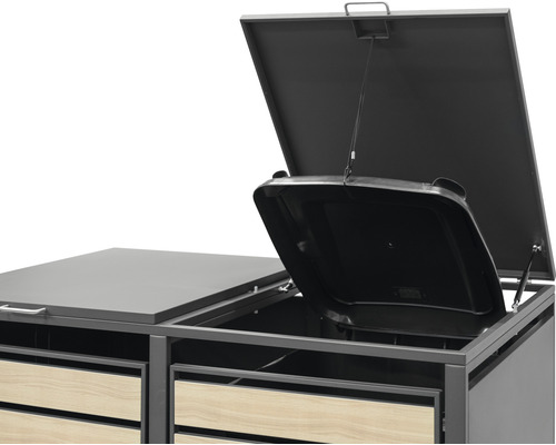 Afvalcontainerbox met open deksel en houten bekleding