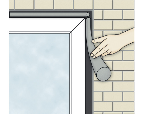 Illustratie van een hand die een afdichting aanbrengt op een raamkozijn.