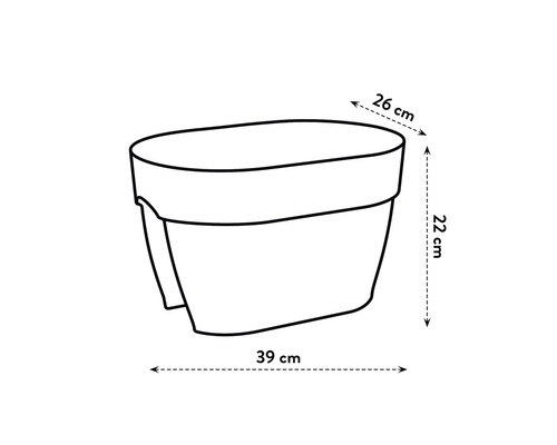 Schets van een plantenbak met afmetingen van 26 cm breed, 22 cm hoog en 39 cm lang.