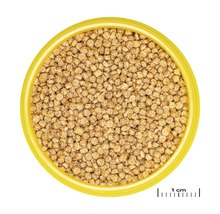 Visvoer granulaat in gele container
