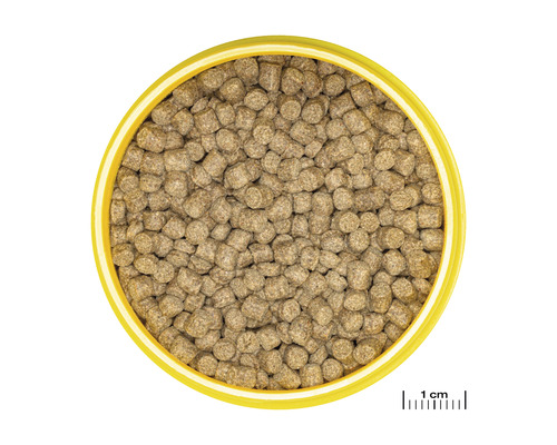 Visvoer pellets in gele container